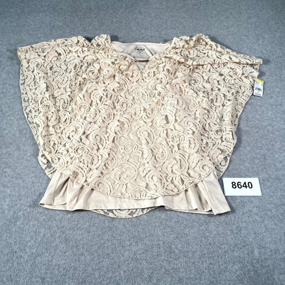 Simply Emma Blouse Top Womens 2X Beige Floral Lace Poncho Overlay Keyhole